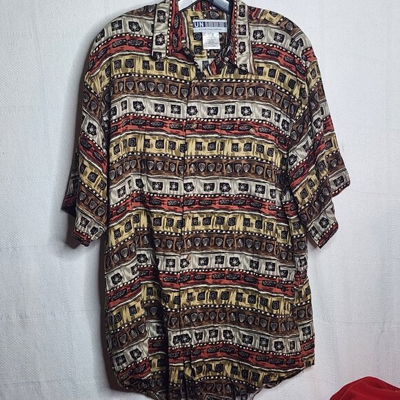 Untied Brand Multicolor Brown Grey Gold Nature Stripe SS Rayon Button Up Shirt M - Picture 1 of 16